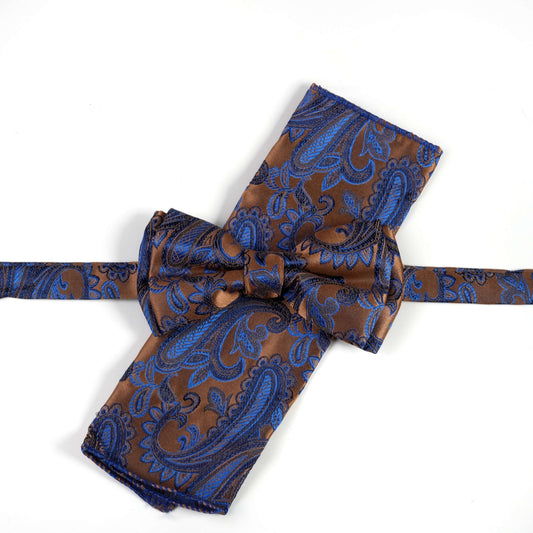 Комплект кафява папийонка и кърпичка със син Пейсли десен