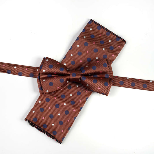 Комплект кафява папийонка и кърпичка на цветни точки