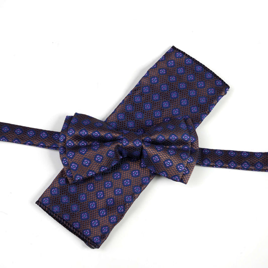 Комплект кафява папийонка и кърпичка с лилави мотиви