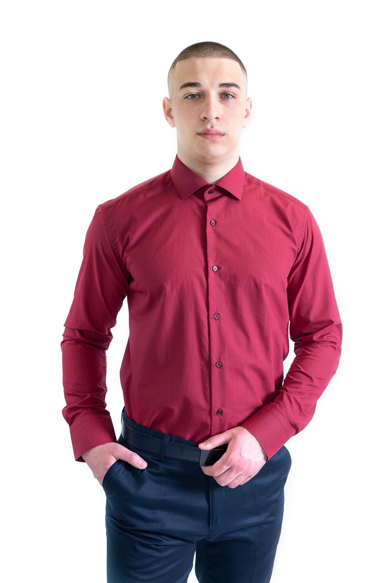 Луксозна мъжка риза в цвят бордо Slim Fit от премиум памук